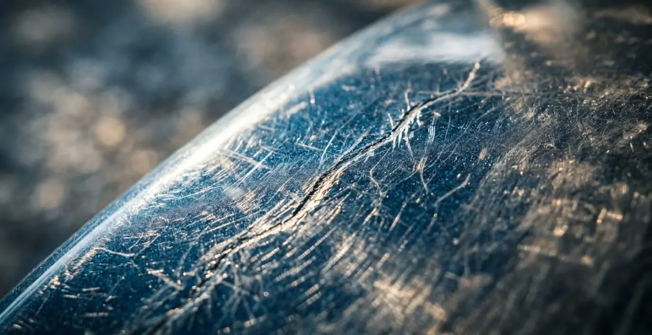 Vue macro d'une surface de carrosserie avec reflets révélant les micro-défauts