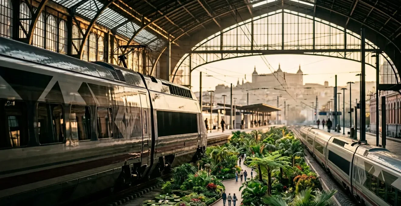 Vue atmosphérique d'un quai de gare Atocha avec un train moderne en premier plan et la silhouette médiévale de Tolède en arrière-plan flou
