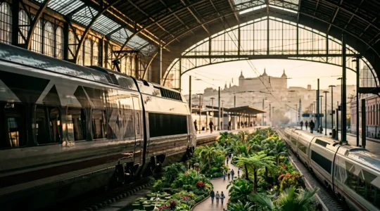 Vue atmosphérique d'un quai de gare Atocha avec un train moderne en premier plan et la silhouette médiévale de Tolède en arrière-plan flou