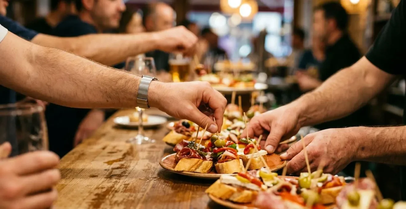 Gros plan sur des mains servant des pintxos depuis un comptoir de bar bondé