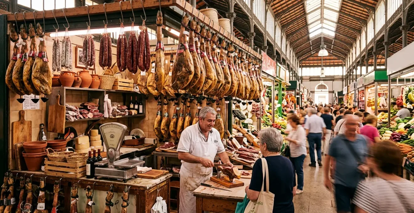 Étals de charcuterie traditionnelle avec jambons suspendus dans un marché barcelonais animé