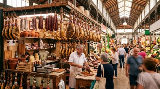 Étals de charcuterie traditionnelle avec jambons suspendus dans un marché barcelonais animé