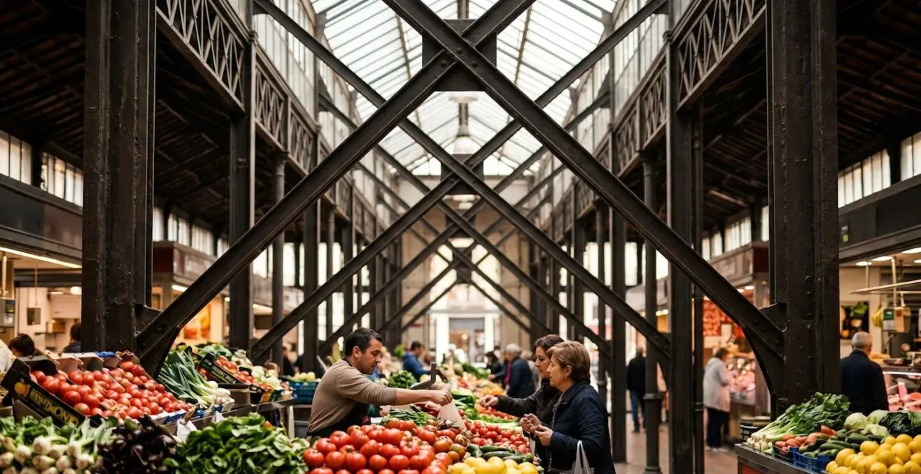 Structure métallique historique du marché Sant Antoni avec étals colorés de produits frais et ambiance locale authentique