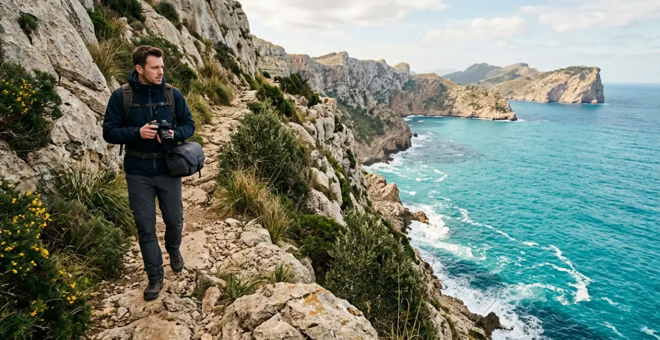 Photographe sur sentier vertigineux des calanques baléares protégeant son équipement