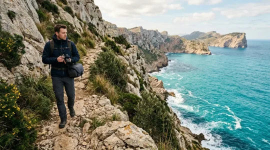 Photographe sur sentier vertigineux des calanques baléares protégeant son équipement