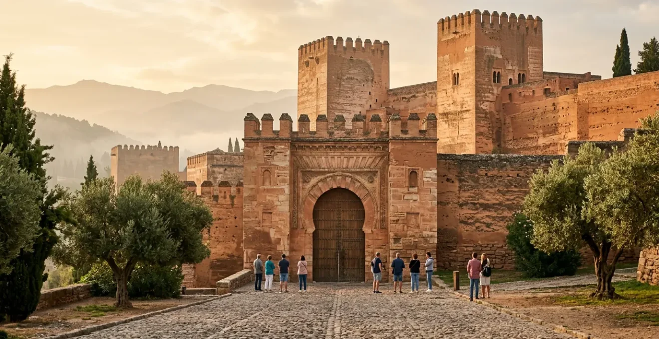 Entrée principale de l'Alhambra avec des touristes attendant leur créneau horaire et les jardins luxuriants en arrière-plan