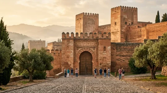 Entrée principale de l'Alhambra avec des touristes attendant leur créneau horaire et les jardins luxuriants en arrière-plan