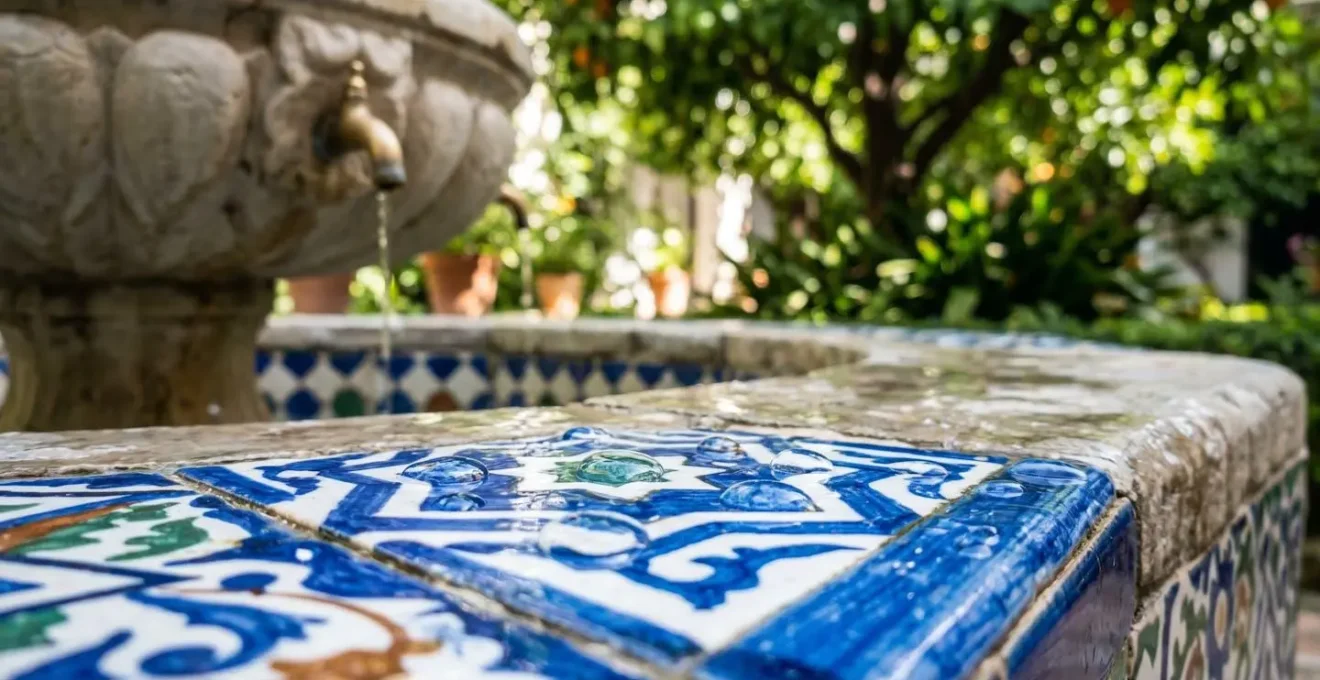Patio andalou végétalisé avec fontaine centrale et passages ombragés