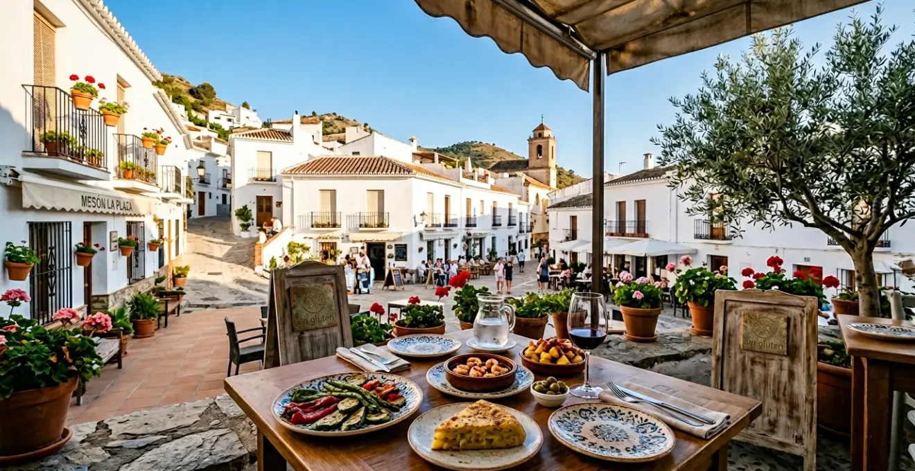Village andalou pittoresque avec une terrasse de restaurant ensoleillée, une table dressée avec des tapas et le label sans gluten visible