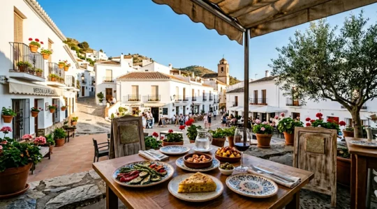Village andalou pittoresque avec une terrasse de restaurant ensoleillée, une table dressée avec des tapas et le label sans gluten visible