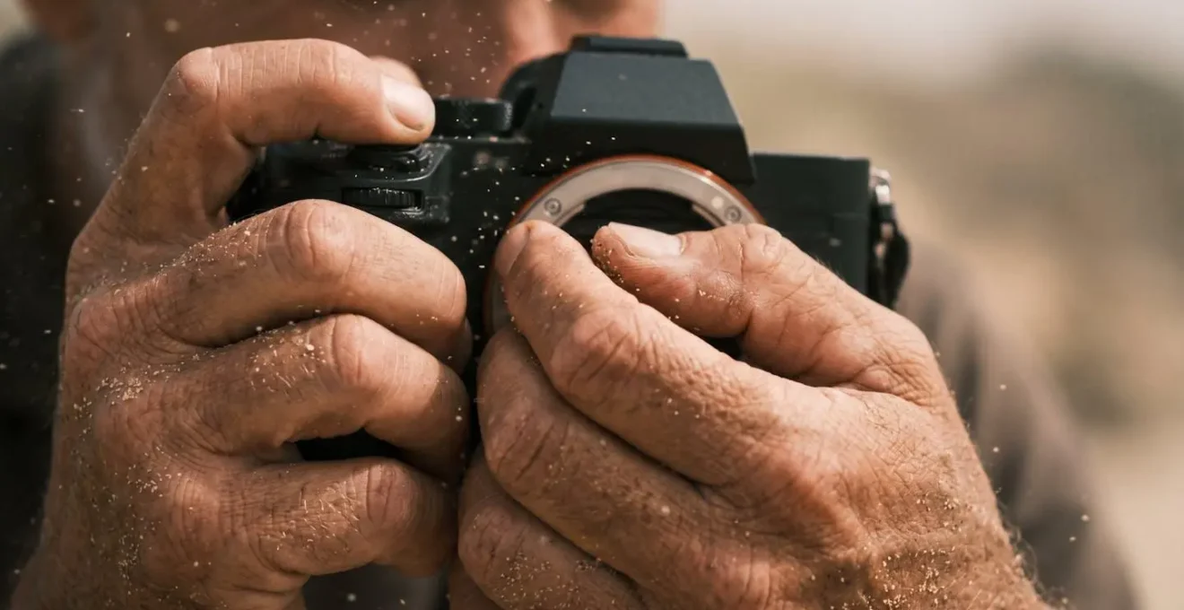 Photographe protégeant son appareil photo du sable sur une plage venteuse