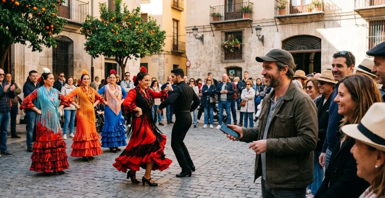 Photographe utilisant discrètement un smartphone pour capturer une danse traditionnelle dans les rues de Valence