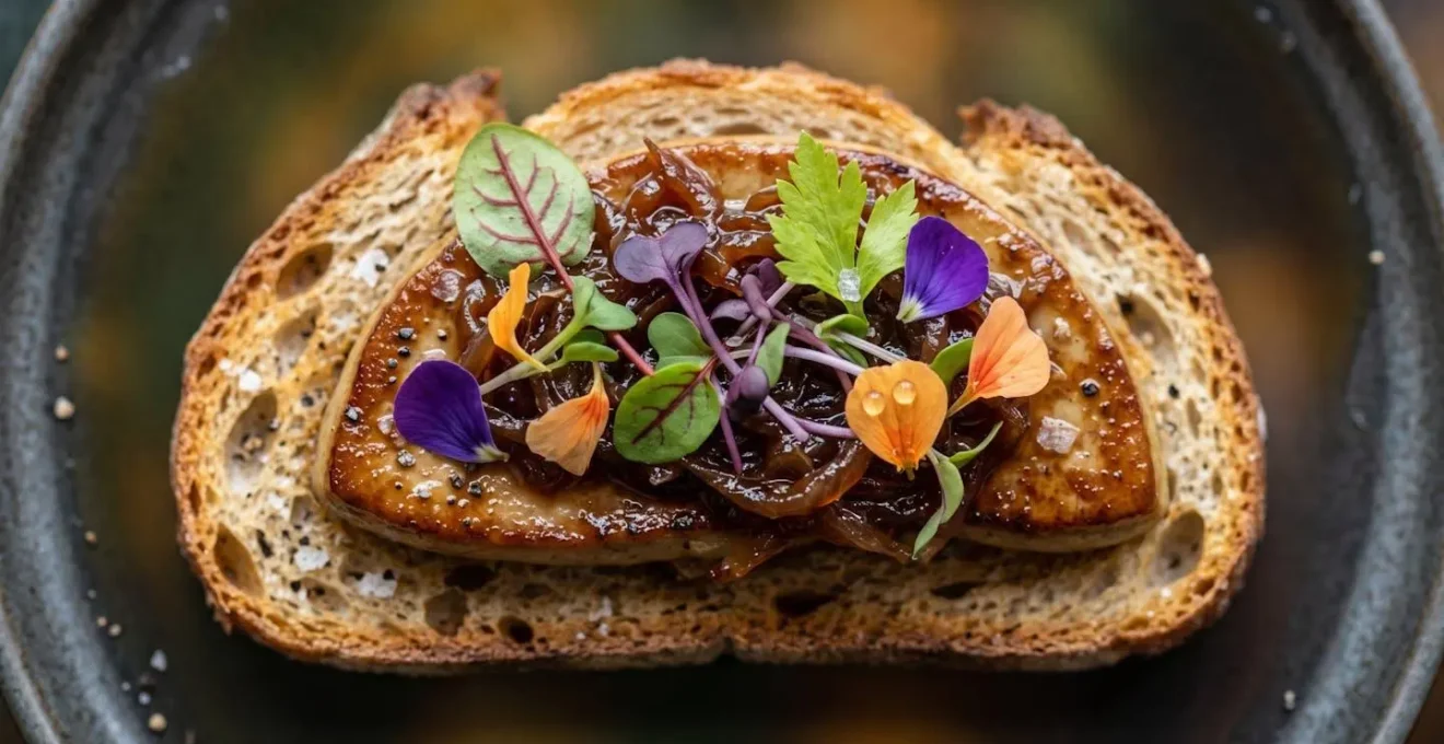 Vue macro d'un pintxo gastronomique élaboré avec détails de textures
