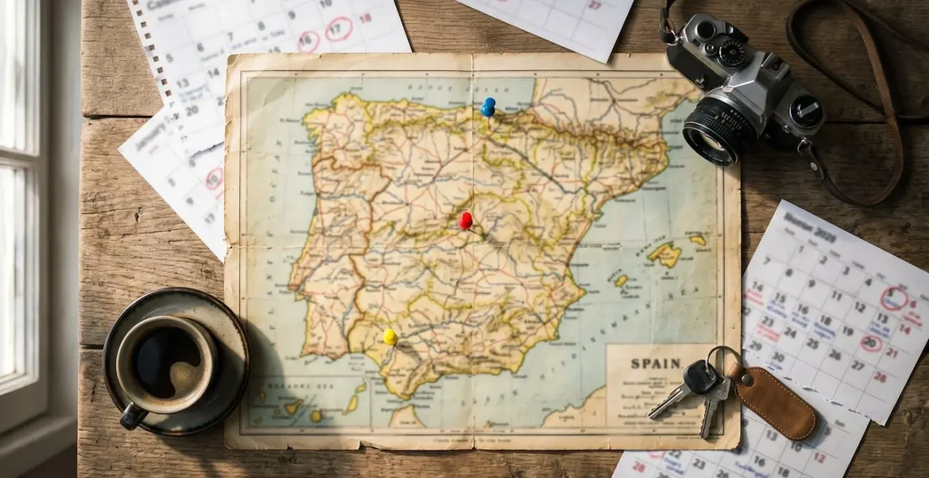 Calendrier de voyage avec épingles sur carte d'Espagne montrant les camps de base