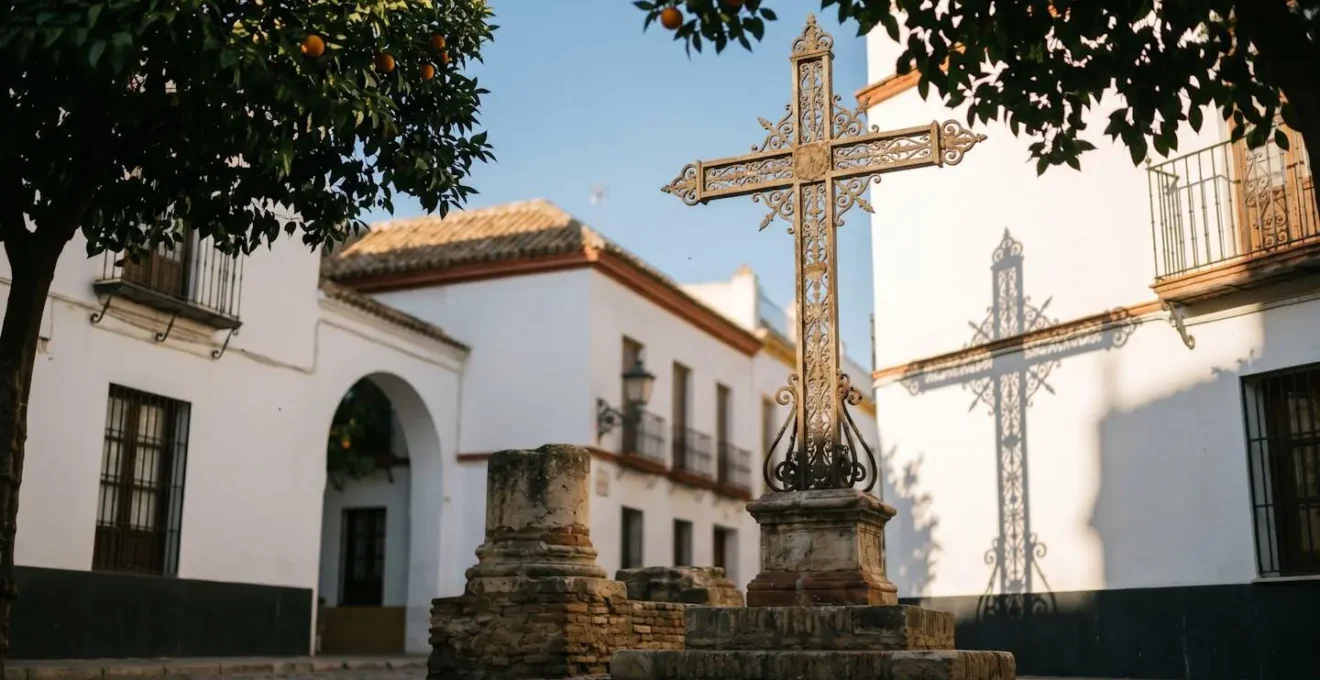 Place Santa Cruz avec sa croix monumentale en fer forgé au centre, entourée d'orangers