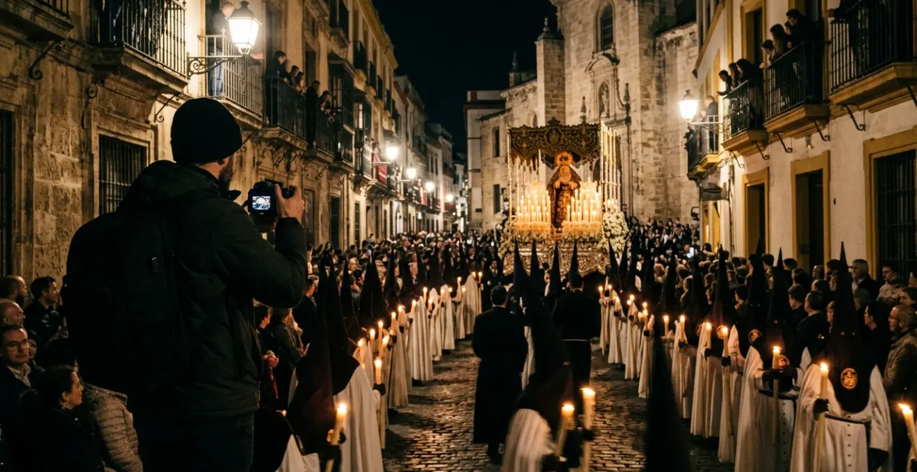 Photographe amateur capturant une procession religieuse nocturne à Séville sous la lumière des bougies