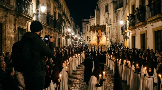Photographe amateur capturant une procession religieuse nocturne à Séville sous la lumière des bougies