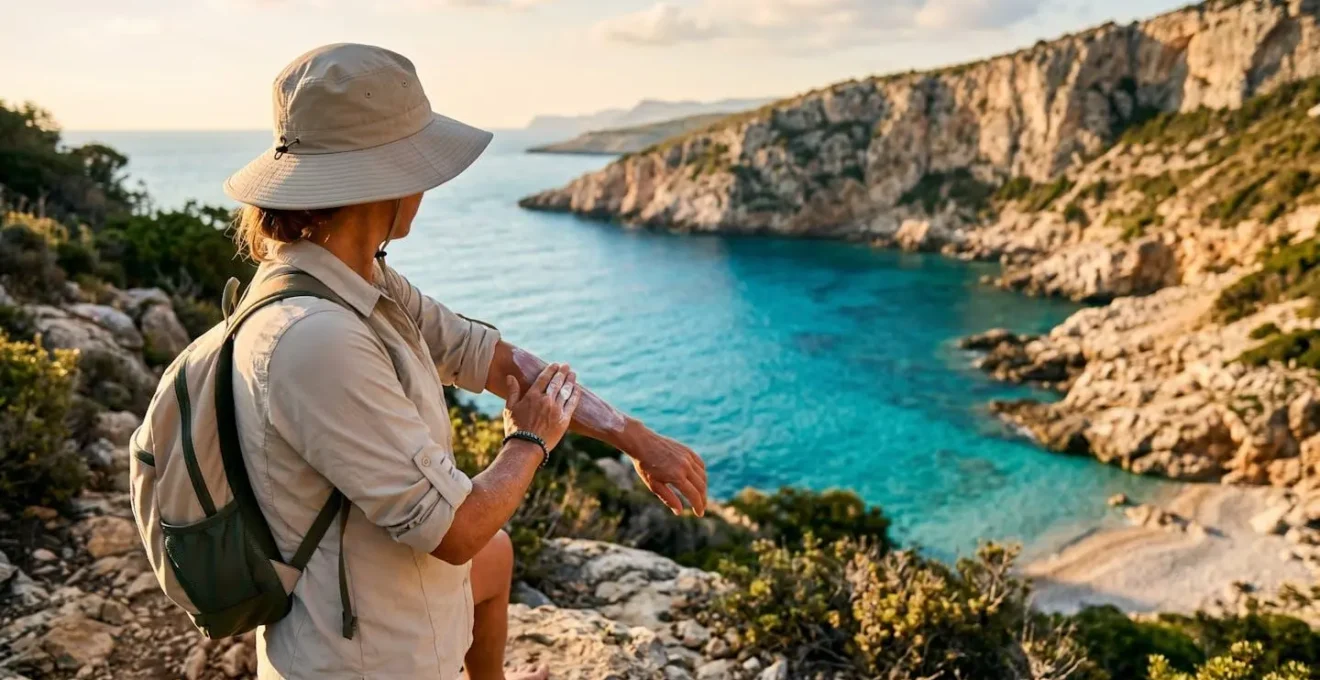 Randonneur portant un lycra anti-UV et un chapeau sur une plage méditerranéenne