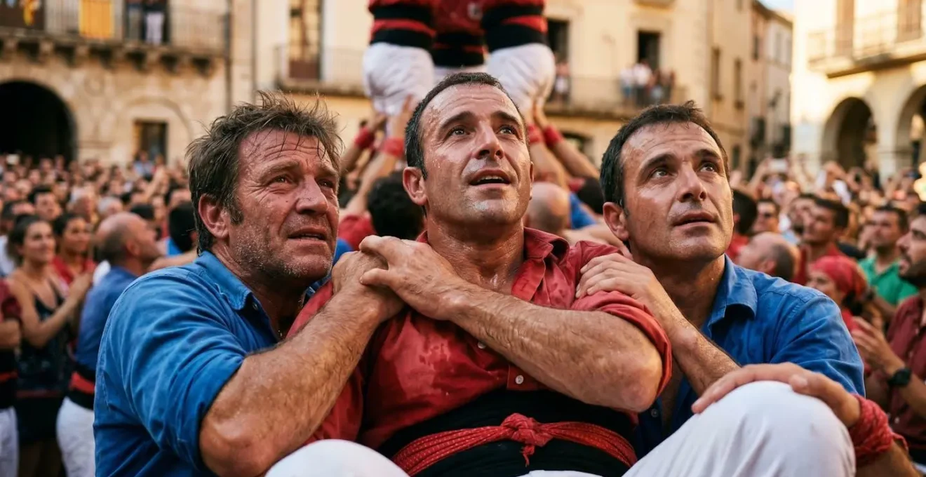 Moment de desconstruction d'une pyramide humaine catalane avec les visages soulagés des castellers