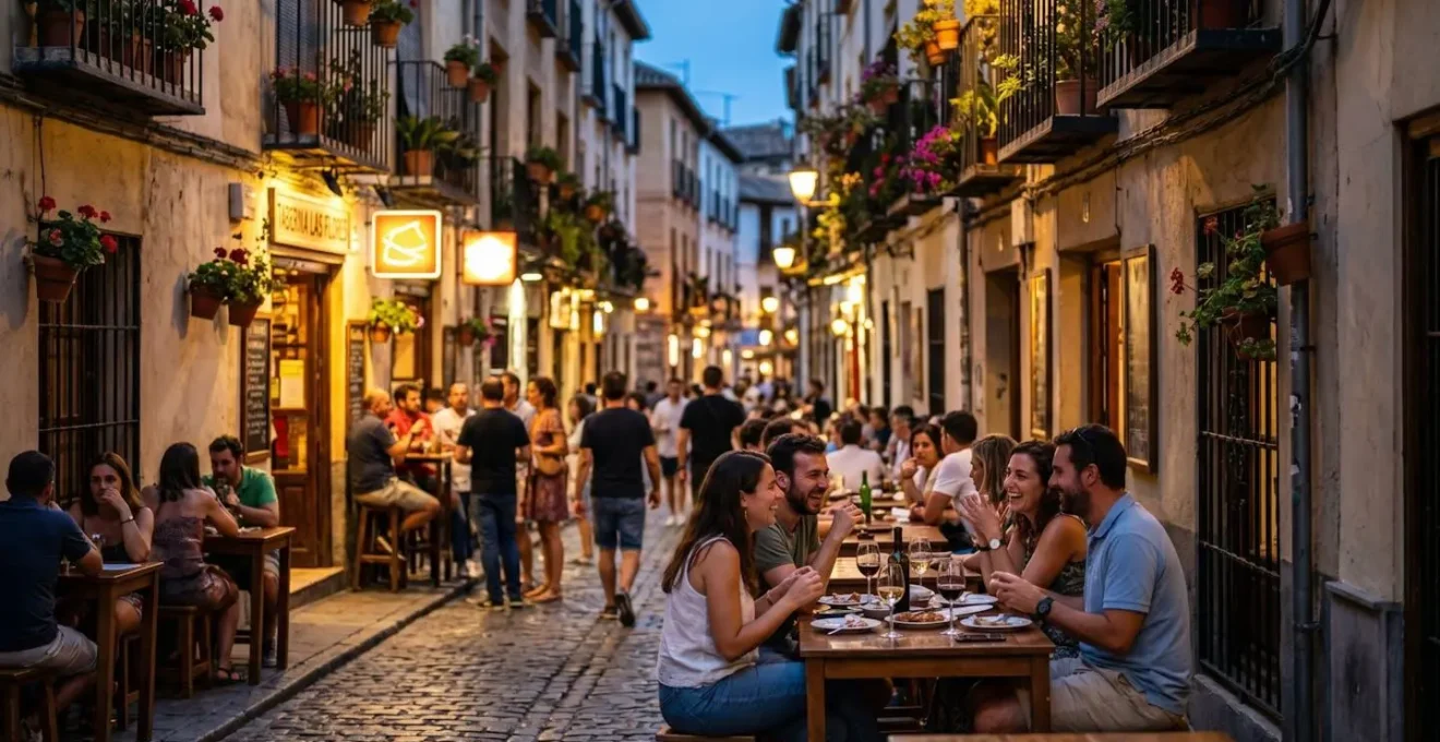Ruelle animée d'un quartier espagnol le soir avec terrasses éclairées