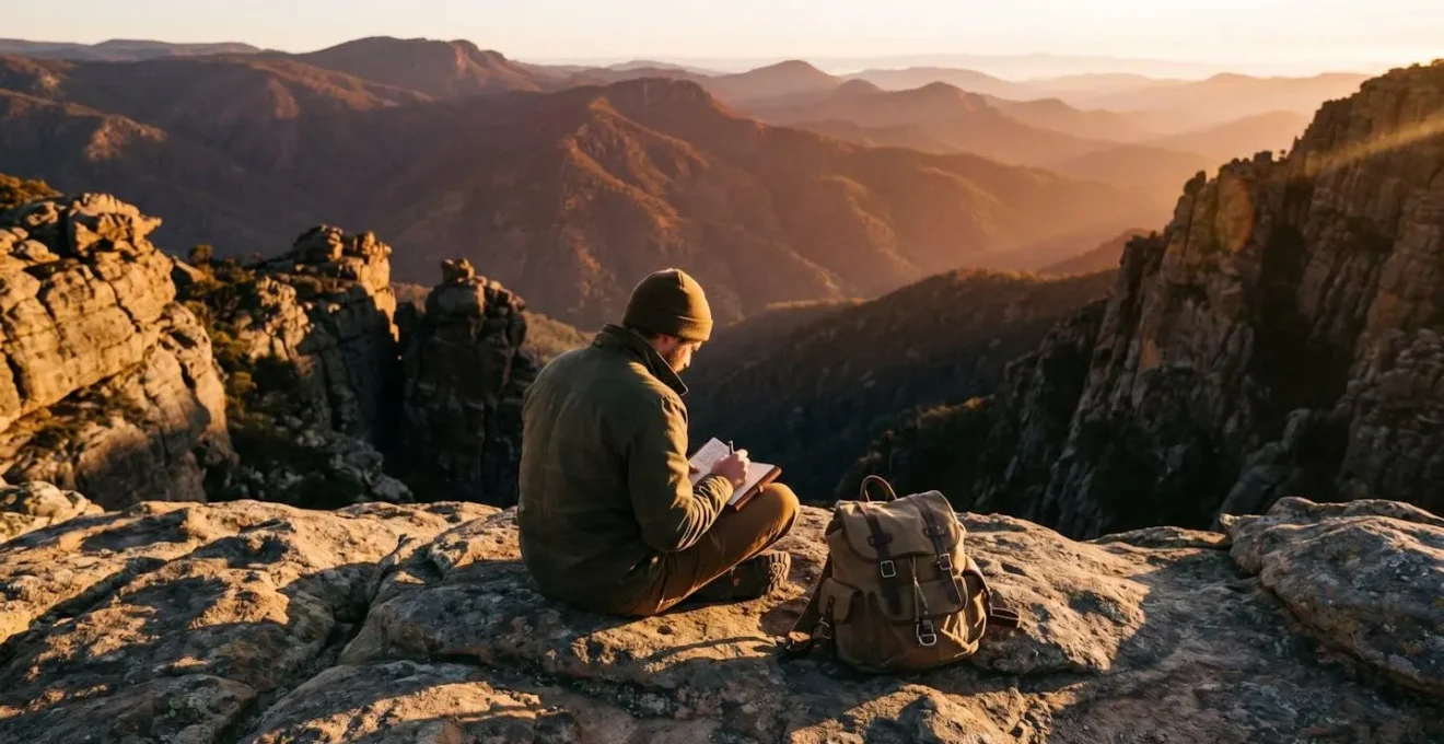 Randonneur assis sur un rocher face au panorama montagnard, carnet de notes à la main, sans appareil électronique