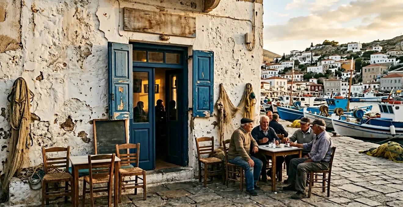 Restaurant de pêcheurs traditionnel avec façade blanche usée et filets de pêche suspendus, au coucher du soleil méditerranéen