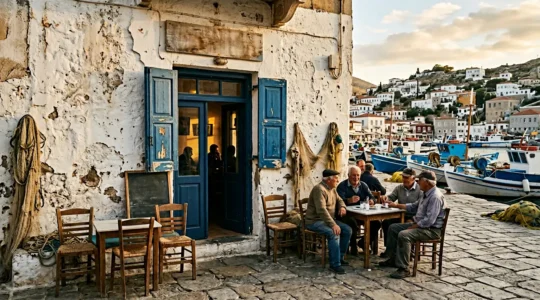 Restaurant de pêcheurs traditionnel avec façade blanche usée et filets de pêche suspendus, au coucher du soleil méditerranéen