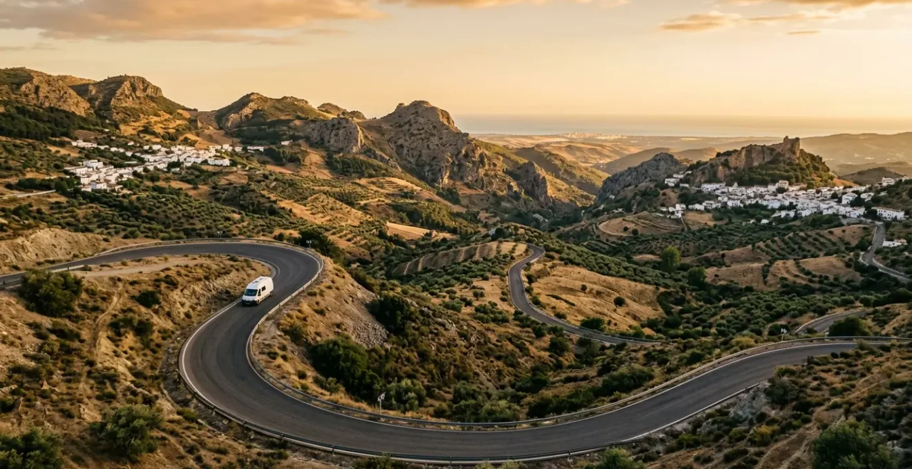 Route sinueuse traversant les montagnes espagnoles avec van et paysage méditerranéen
