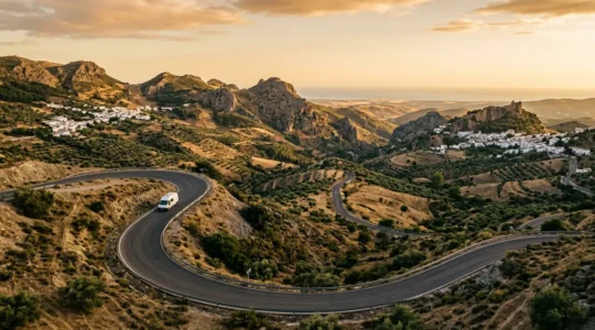 Route sinueuse traversant les montagnes espagnoles avec van et paysage méditerranéen
