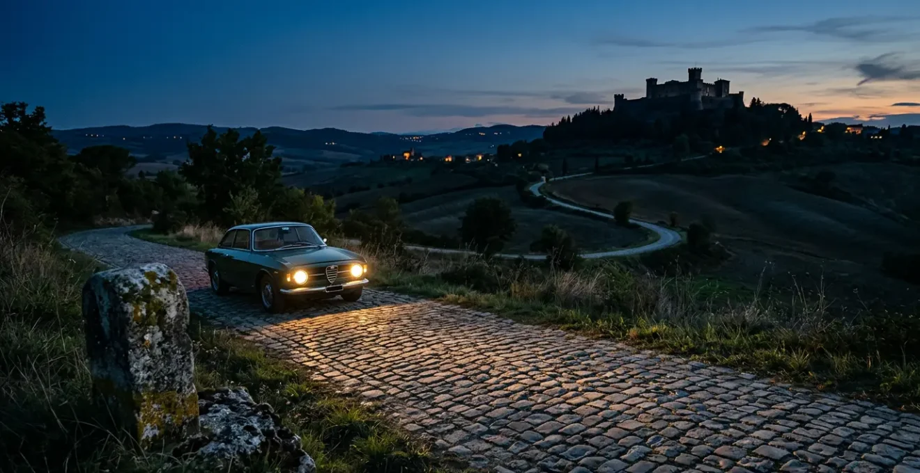 Route sinueuse traversant des terres médiévales isolées au crépuscule avec château en silhouette sur colline lointaine