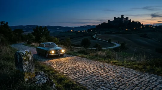 Route sinueuse traversant des terres médiévales isolées au crépuscule avec château en silhouette sur colline lointaine