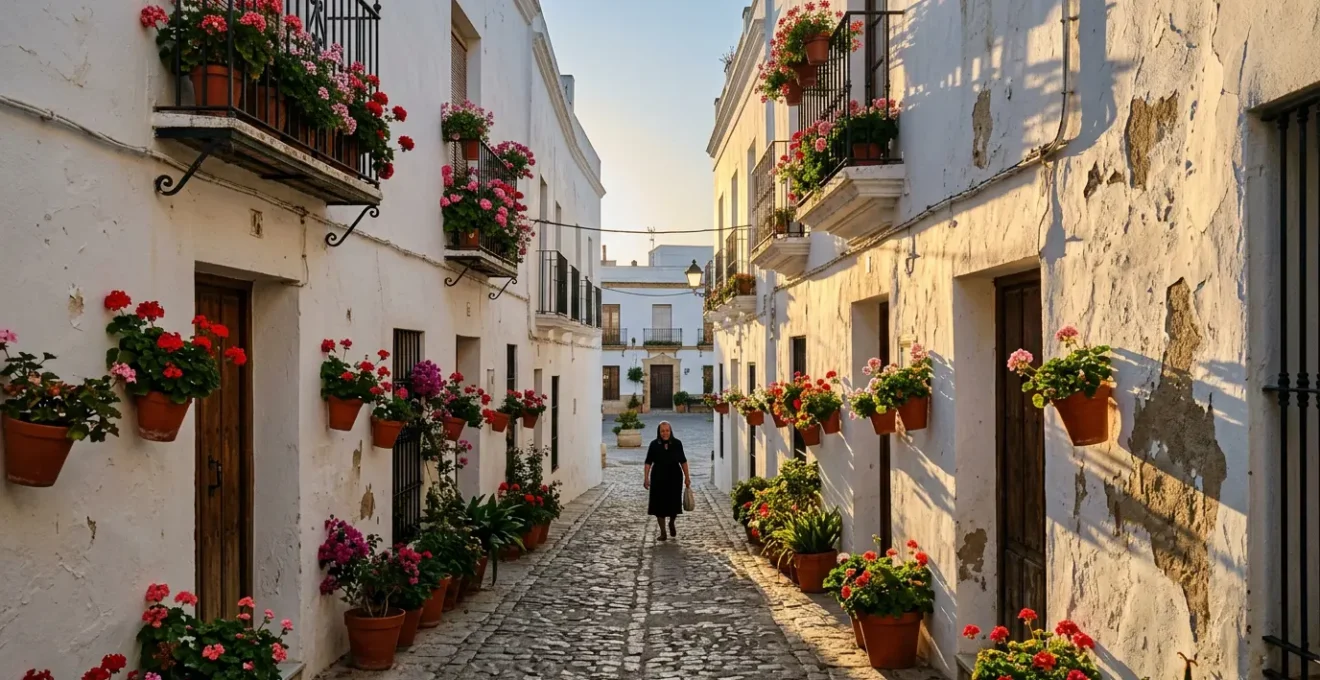 Ruelle étroite andalouse avec murs blancs chaulés et pots de géraniums rouges suspendus sous une lumière dorée