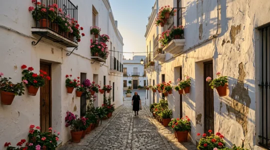 Ruelle étroite andalouse avec murs blancs chaulés et pots de géraniums rouges suspendus sous une lumière dorée