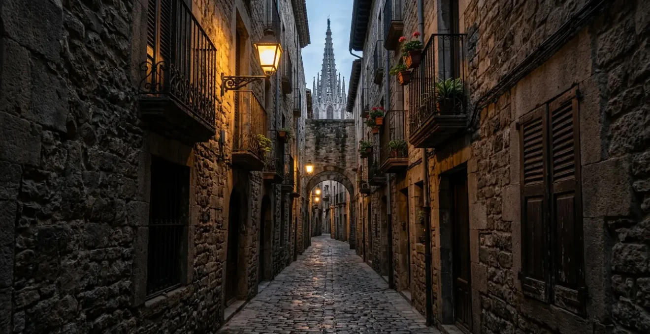 Ruelle catalane étroite et pavée éclairée par des lanternes anciennes avec des murs de pierre médiévaux