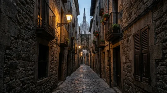 Ruelle catalane étroite et pavée éclairée par des lanternes anciennes avec des murs de pierre médiévaux
