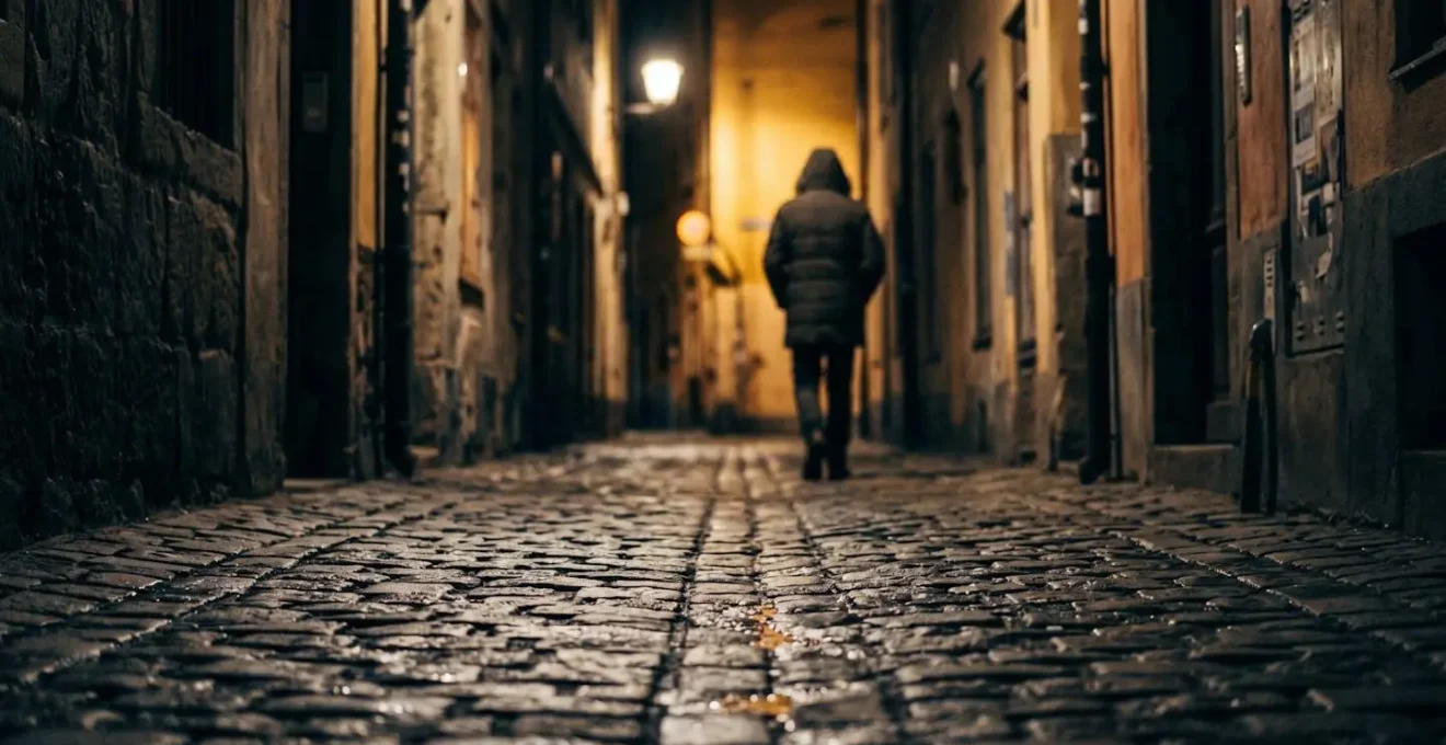 Ruelle étroite du quartier Santa Cruz la nuit avec jeux d'ombres et de lumière