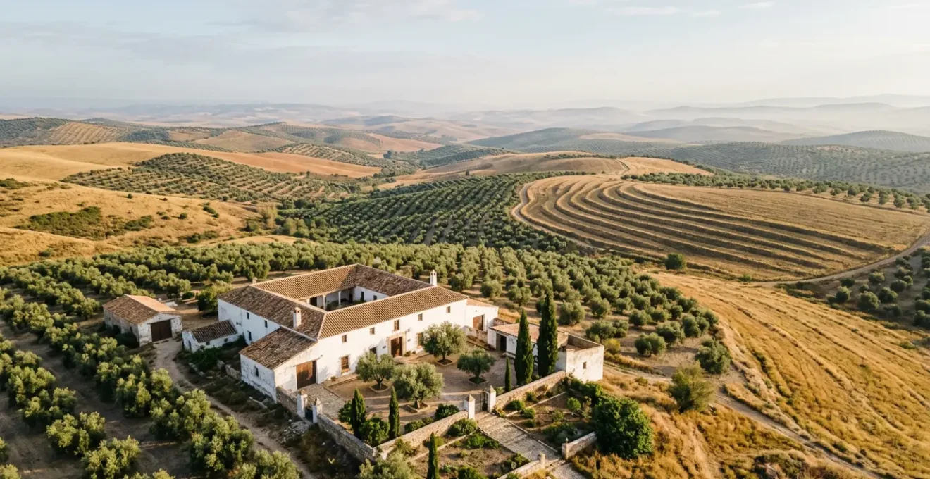 Vue aérienne d'une ferme traditionnelle espagnole restaurée au milieu de collines dorées avec des oliviers centenaires