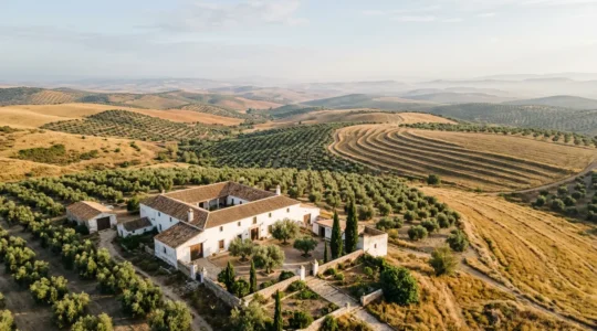 Vue aérienne d'une ferme traditionnelle espagnole restaurée au milieu de collines dorées avec des oliviers centenaires