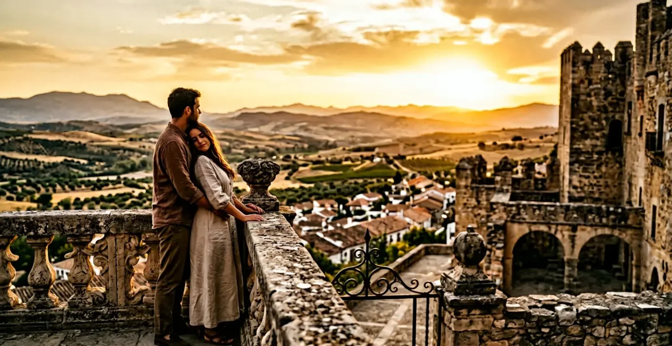Couple admirant le coucher de soleil depuis la terrasse d'un parador historique espagnol