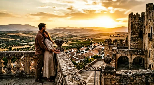 Couple admirant le coucher de soleil depuis la terrasse d'un parador historique espagnol