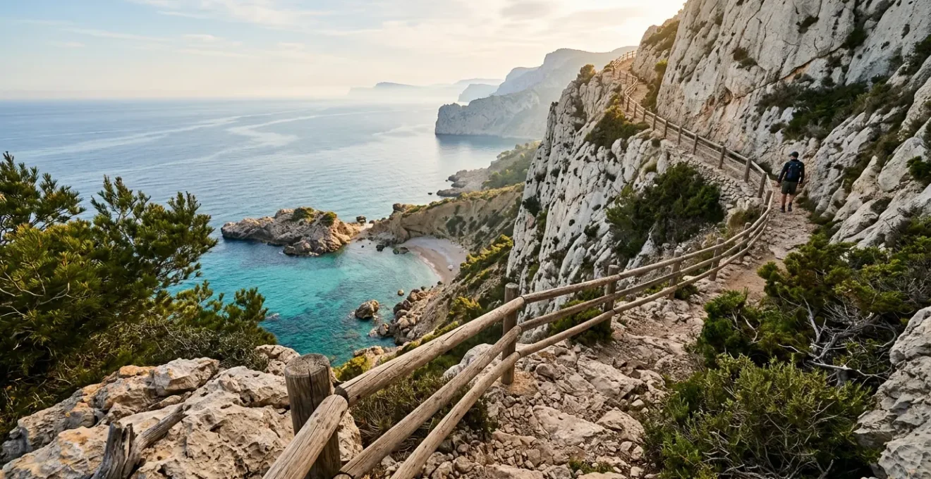 Vue panoramique d'un sentier côtier escarpé longeant une calanque espagnole sous le soleil méditerranéen