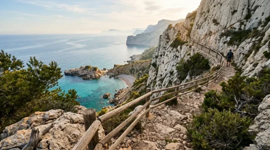Vue panoramique d'un sentier côtier escarpé longeant une calanque espagnole sous le soleil méditerranéen