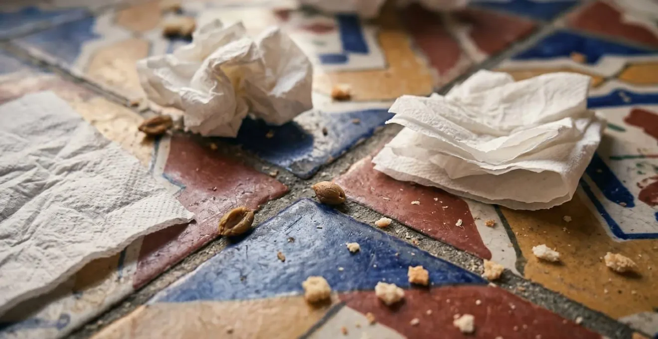 Sol carrelé d'un bar traditionnel madrilène jonché de serviettes en papier, signe d'authenticité et de popularité