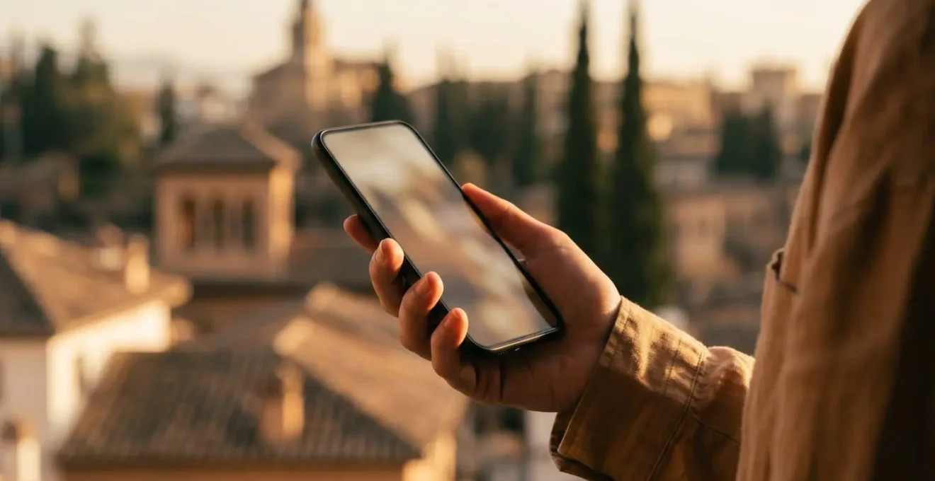 Main tenant un smartphone avec notification floue sur fond de paysage andalou
