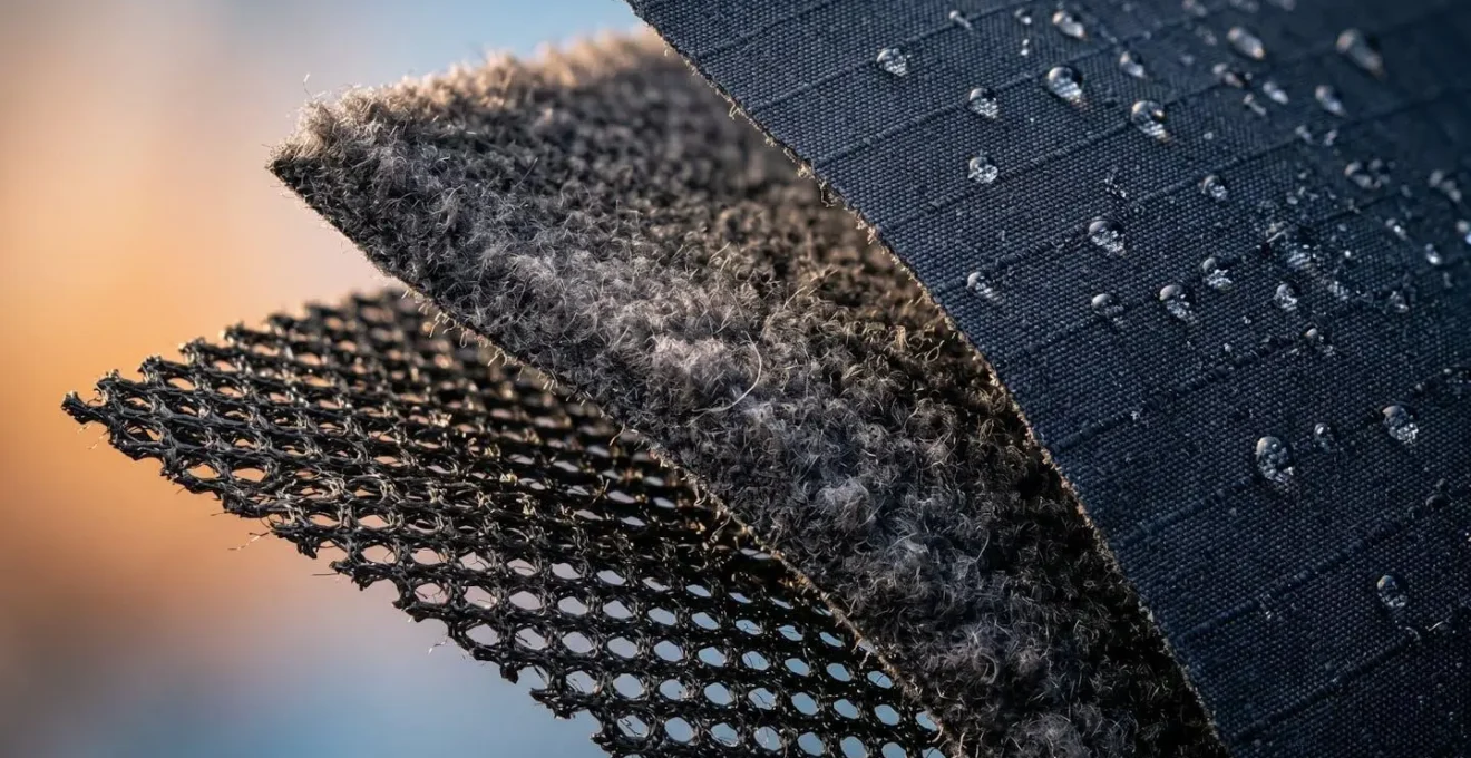 Trois couches de vêtements techniques superposées montrant les textures et épaisseurs différentes