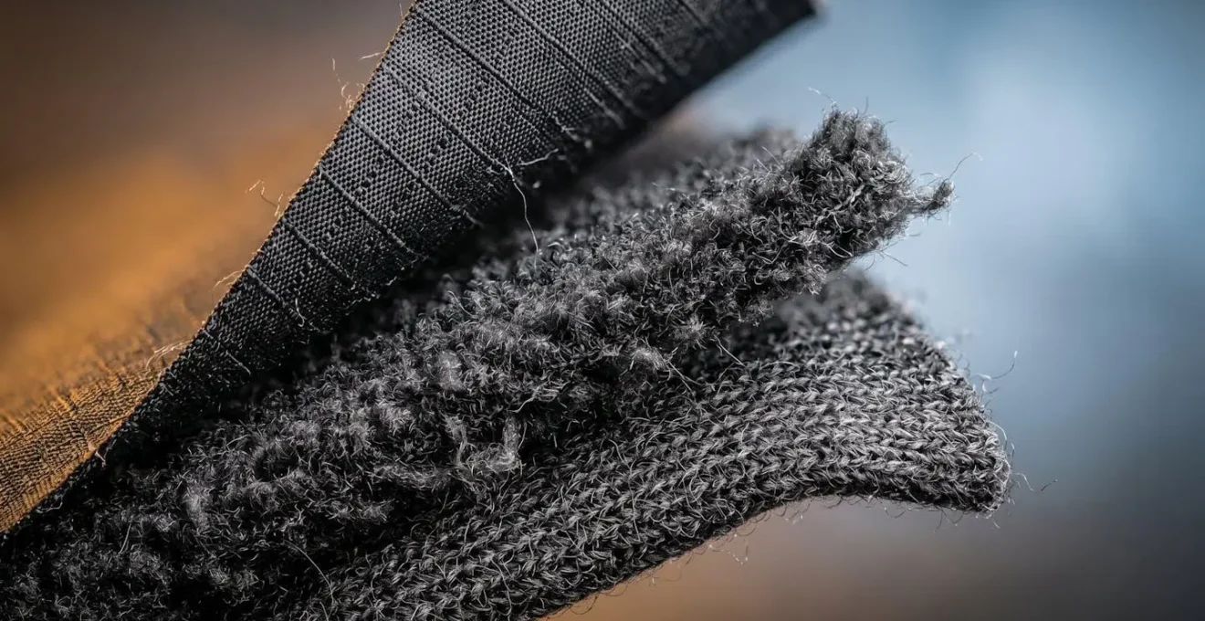 Détail macro de trois tissus techniques superposés montrant la structure des fibres et leur interaction