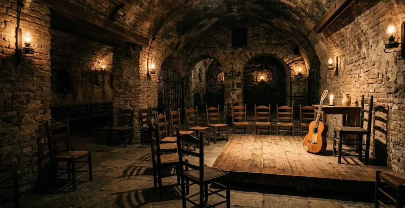 Scène intimiste d'un petit tablao flamenco avec plancher en bois, guitare acoustique et ambiance tamisée
