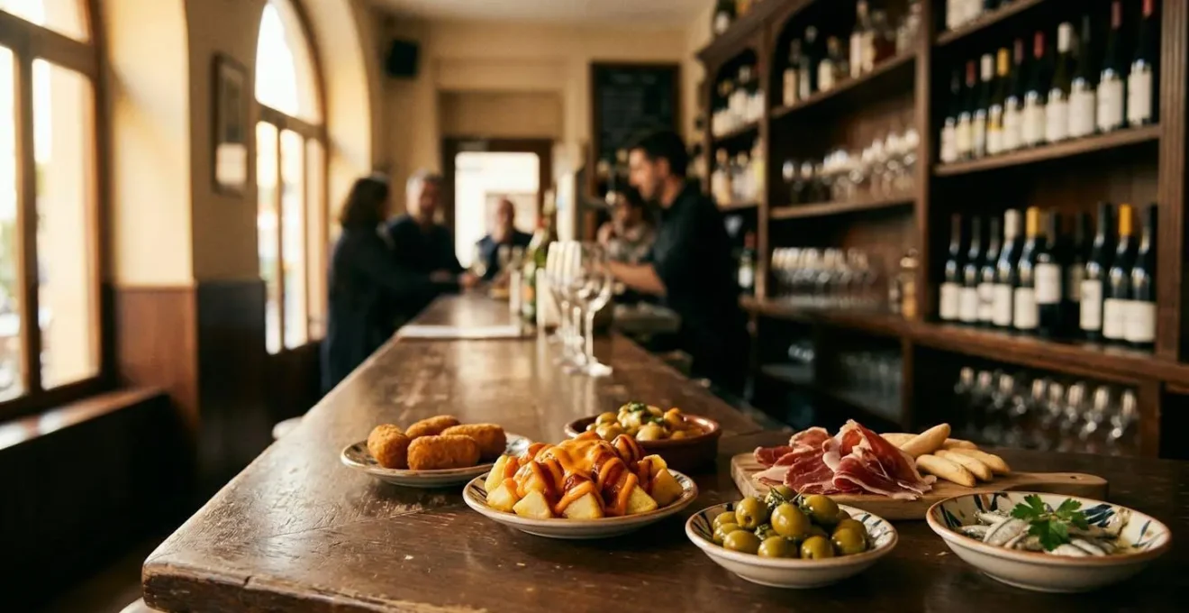 Table de bar espagnol traditionnel avec diverses tapas colorées et carafes de sangria servies sur une table en bois rustique