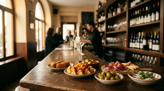 Table de bar espagnol traditionnel avec diverses tapas colorées et carafes de sangria servies sur une table en bois rustique