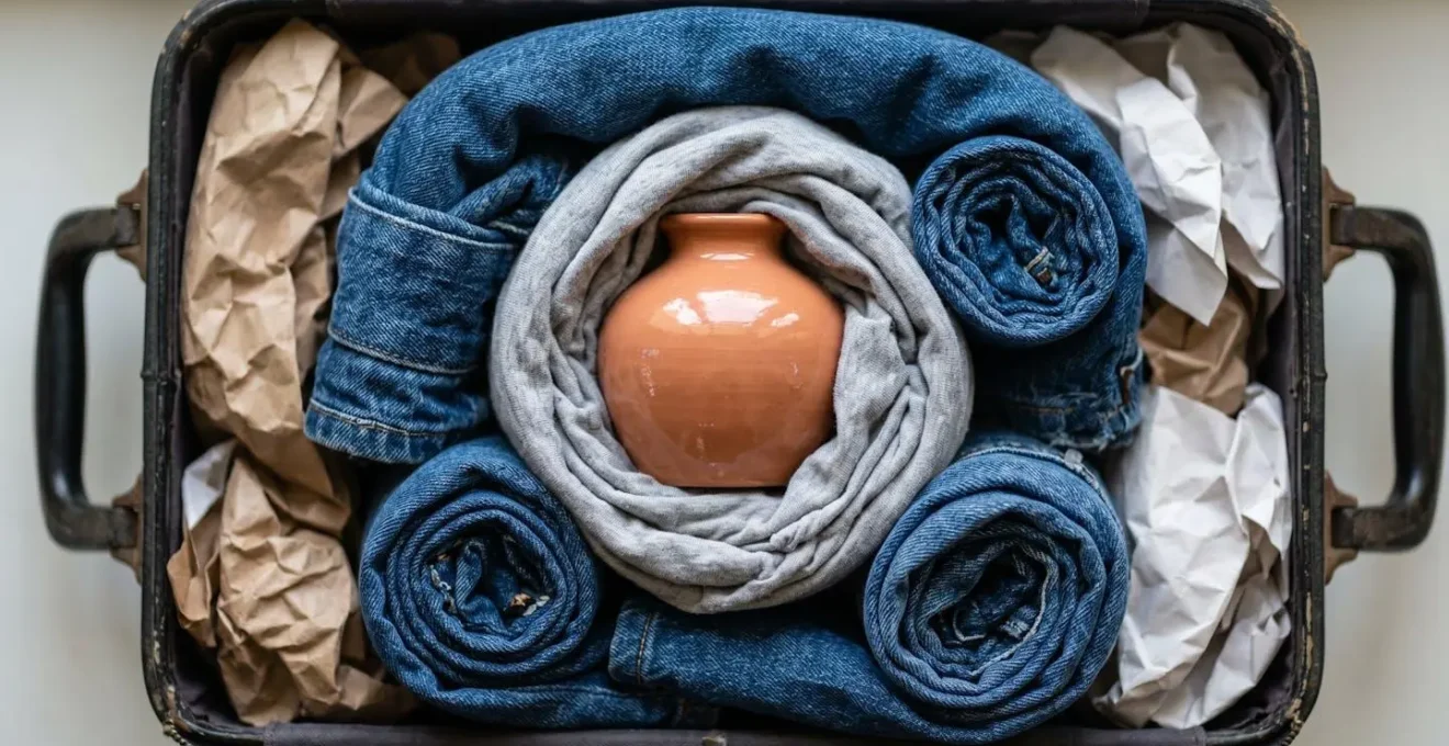 Vue détaillée d'une technique d'emballage montrant un vase en céramique suspendu au centre d'une valise par des vêtements formant un hamac protecteur